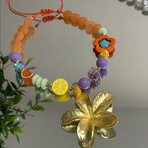 Colorful Beaded Lemon & Flower Pendant Necklace